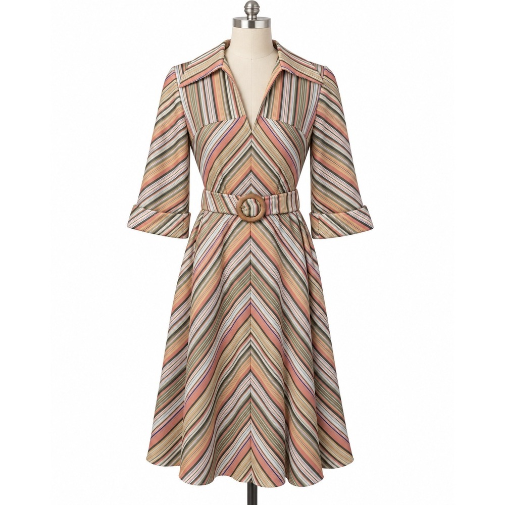 Vintage 1970s Chevron Stripe Belted Dress Mod Boho Disco Prairie Handmade